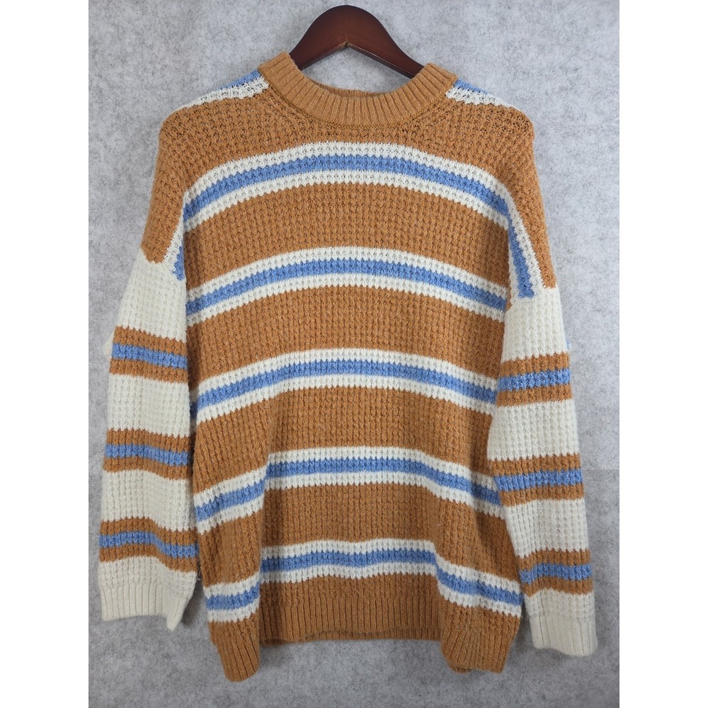 American Eagle Sweater S Striped Tan Blue White Waffle Knit Crew Neck Pullover